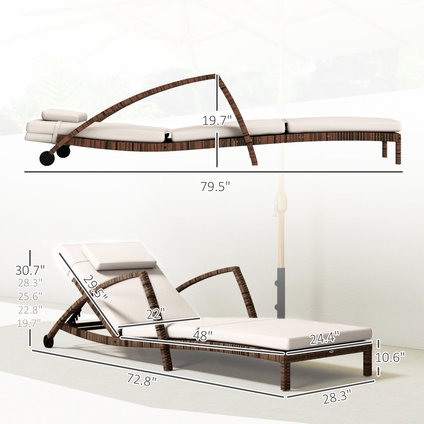 Outsunny Set of 2 Outdoor Chaise Lounge Chair with Wheels, 5-Position Adjustable Reclining, Beige - 862-078V01BG