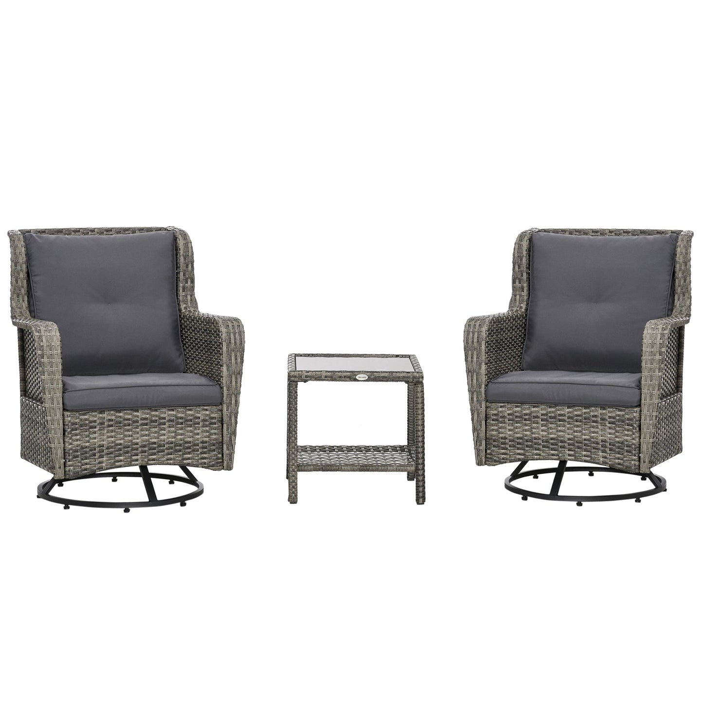 Outsunny 3 Pieces Patio Bistro Set with Glass Coffee Table and Swivel Porch Chairs, Gray - 863-113V00GG
