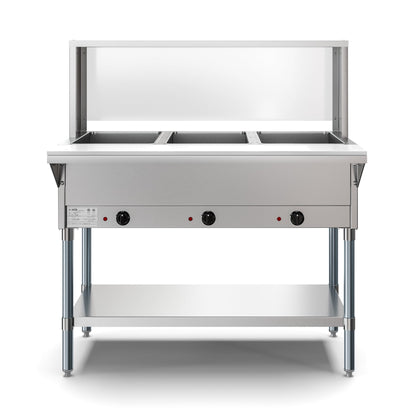 KOOLMORE Three Pan Open Well Electric Steam Table with Undershelf and Sneeze-Guard, KM-OWS- - KMOWS3SG