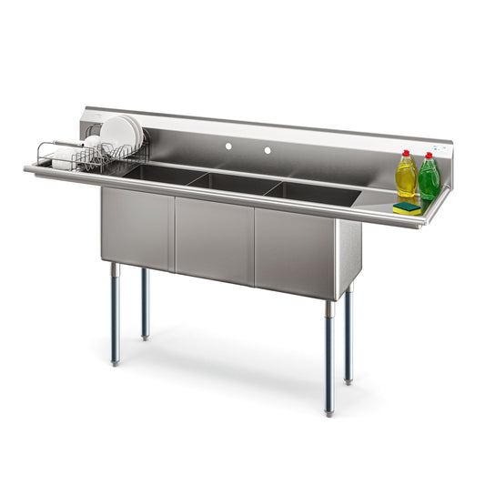 KOOLMORE 75 in Three Compartment Commercial Sink, Bowl Size 15x15x14, 18 Gauge Stainless-Steel with 2 Drainboards - KMSC15151415B3