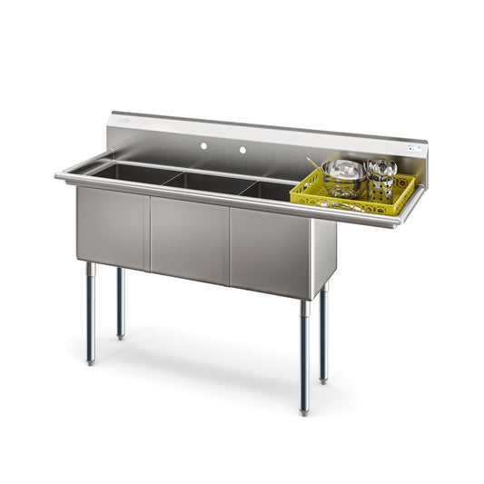 KOOLMORE 63 in Three Compartment Commercial Sink, Bowl Size 15x15x14, Stainless-Steel 16 Gauge with Right Drainboard  - KM-SC151514-15R316