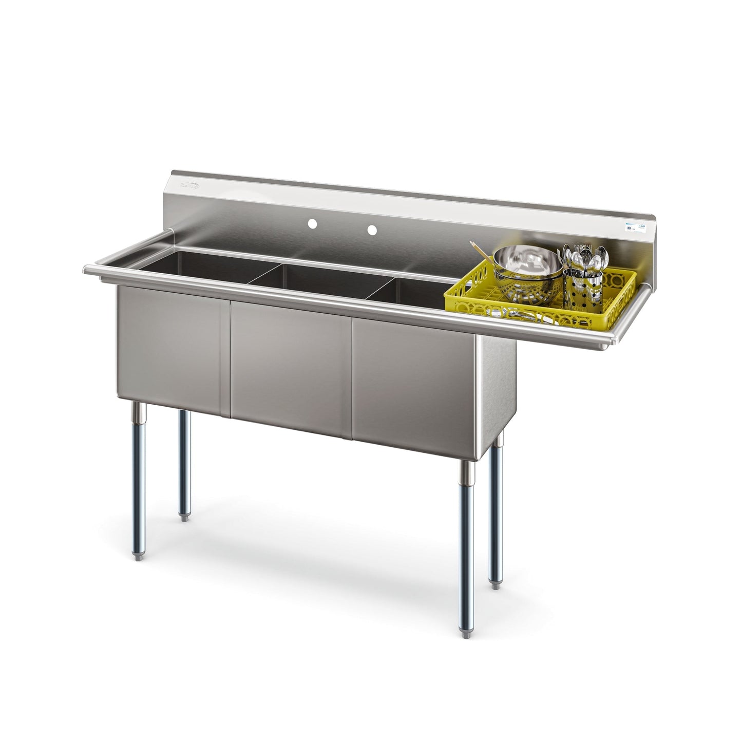 KOOLMORE 63 in Three Compartment Commercial Sink, Bowl Size 15x15x14, 18-Gauge Stainless-Steel with Right Drainboard  - KM-SC151514-15R3