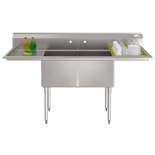 KOOLMORE 72 in. 18-Gauge 2-Compartment Commercial Sink with Backsplash and Dual 18 in. Drainboards, Bowl Dimensions 18"x18"x14" in Stainless-Steel  - KM-SB181814-18B3