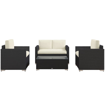 Outsunny 4-Piece Rattan Patio Sofa Set with Loveseat & Glass Coffee Table, Cream - 841-086V02CW