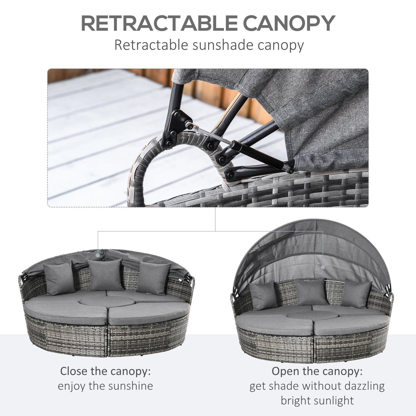Outsunny Round Outdoor Daybed with Canopy, 4-Piece Sectional Outdoor Sofa, 3 Chairs, Tea Table, Gray - 862-047