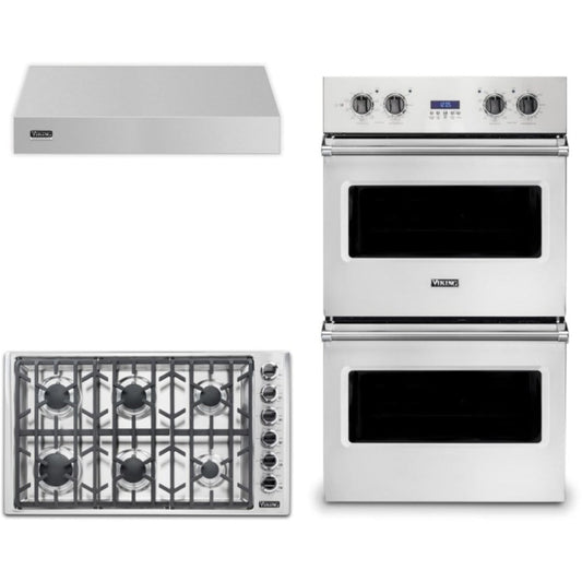 Viking 3-Piece Package 36 Inch Professional 5 Series Gas Cooktop and 27 Inch Double Convection Electric Wall Ove and 36 Inch Wall Mount Range Hoo - VGSU53616BSSLP