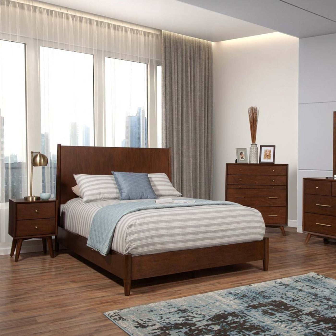 Alpine Flynn Mid Century Modern California King Panel Bed, Walnut - 966WAL-07CK