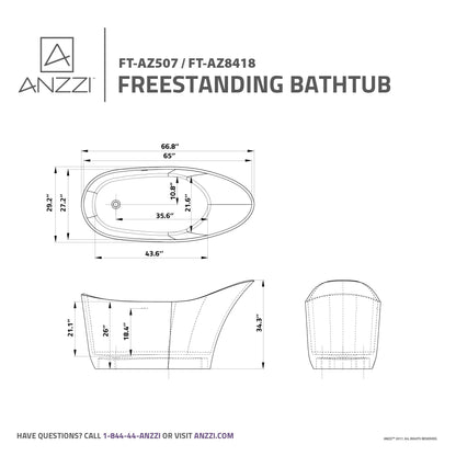 Anzzi Tuasavi 5.6 ft. Solid Surface Center Drain Freestanding Bathtub in Matte White FT-AZ8418 - FT-AZ8418