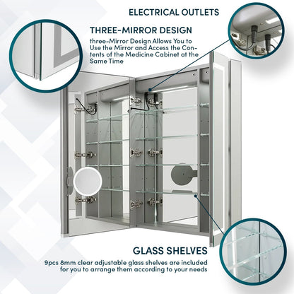Aquadom Royale Plus 40" x 30" Triple-Door LED Lighted Medicine Cabinet With Defogger, Integrated LED 3X Magnifying Mirror and Electrical Outlet With USB - RP3-4030-N