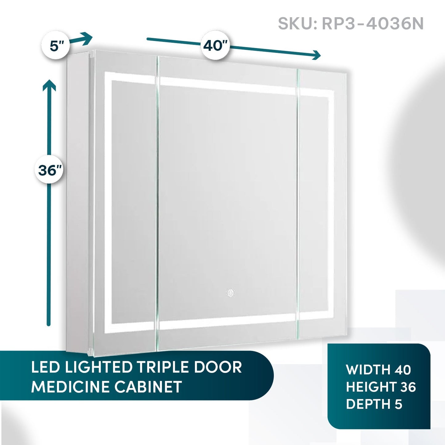 Aquadom Royale Plus 40" x 36" Triple-Door LED Lighted Medicine Cabinet With Defogger, Integrated LED 3X Magnifying Mirror and Electrical Outlet With USB - RP3-4036-N