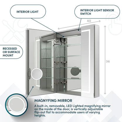 Aquadom Royale Plus 40" x 36" Triple-Door LED Lighted Medicine Cabinet With Defogger, Integrated LED 3X Magnifying Mirror and Electrical Outlet With USB - RP3-4036-N