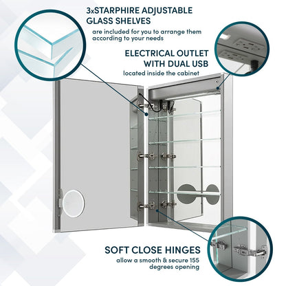 Aquadom Signature Royale 24" x 36" Rectangle Left Hinged Medicine Cabinet With Lighting, Defogger, Integrated LED 3X Magnifying Mirror And Electrical Outlet with USB - SR-2436L-N