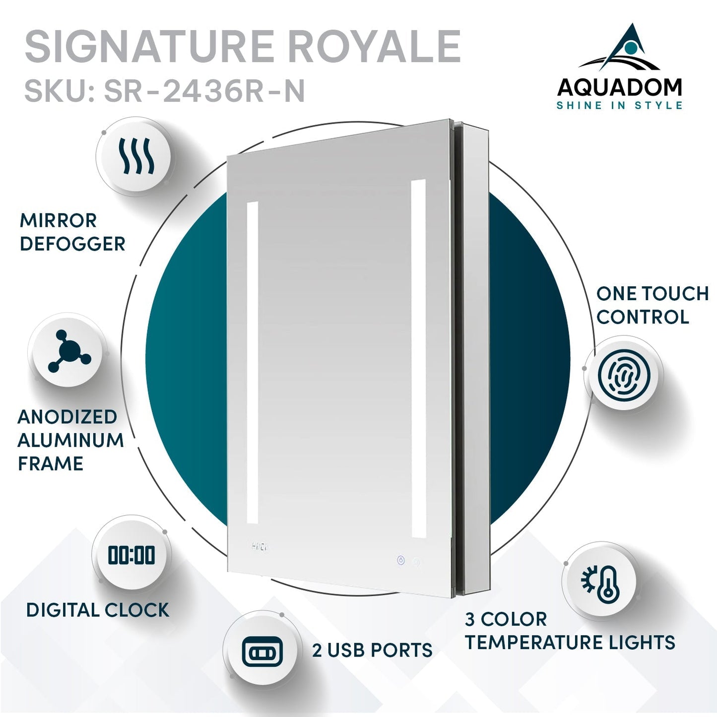 Aquadom Signature Royale 24" x 36" Rectangle Right Hinged Medicine Cabinet With Lighting, Defogger, Integrated LED 3X Magnifying Mirror And Electrical Outlet with USB - SR-2436R-N