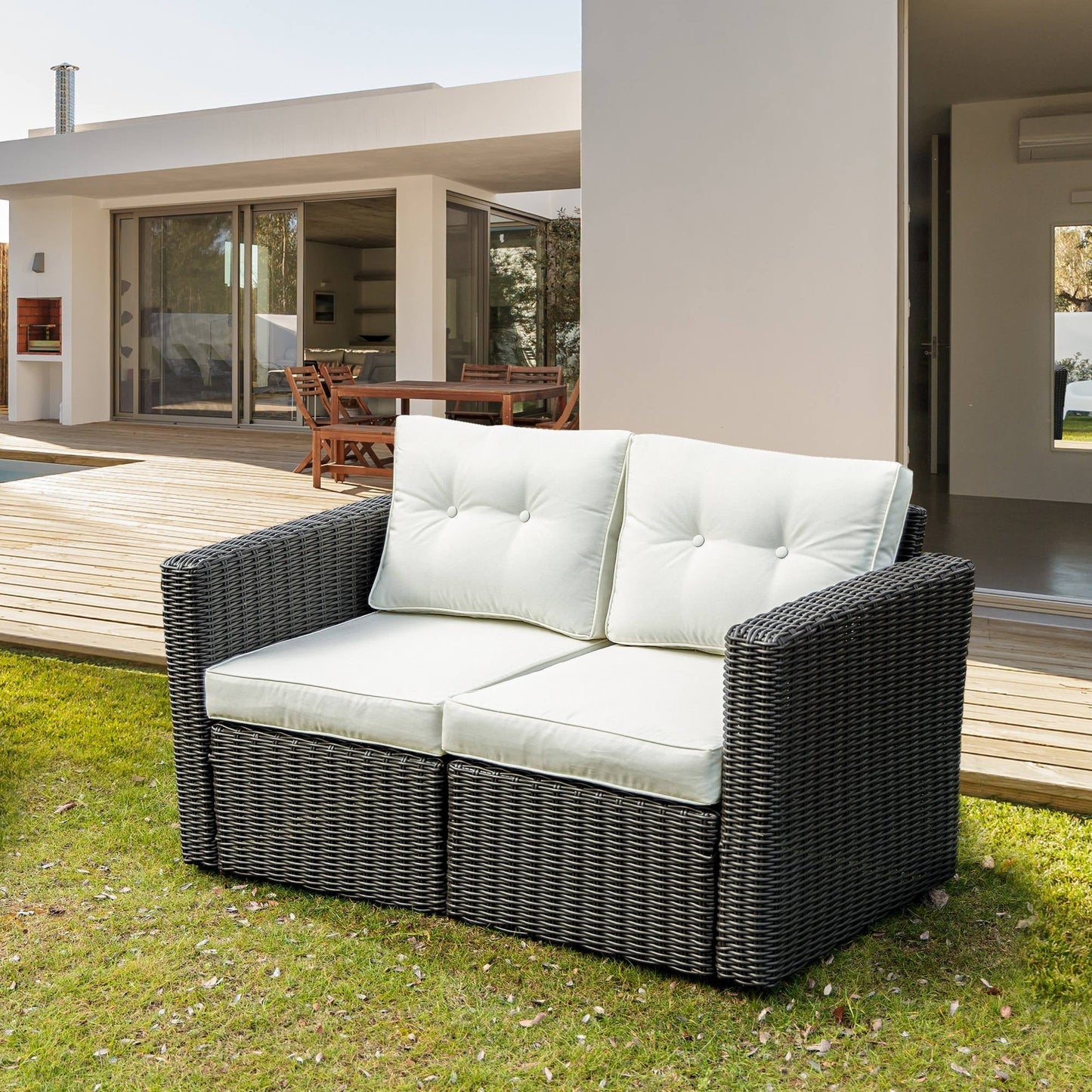 Outsunny 2-Piece Patio Corner Sofa Set with PE Rattan & Padded Cushions, Beige - 860-204CW