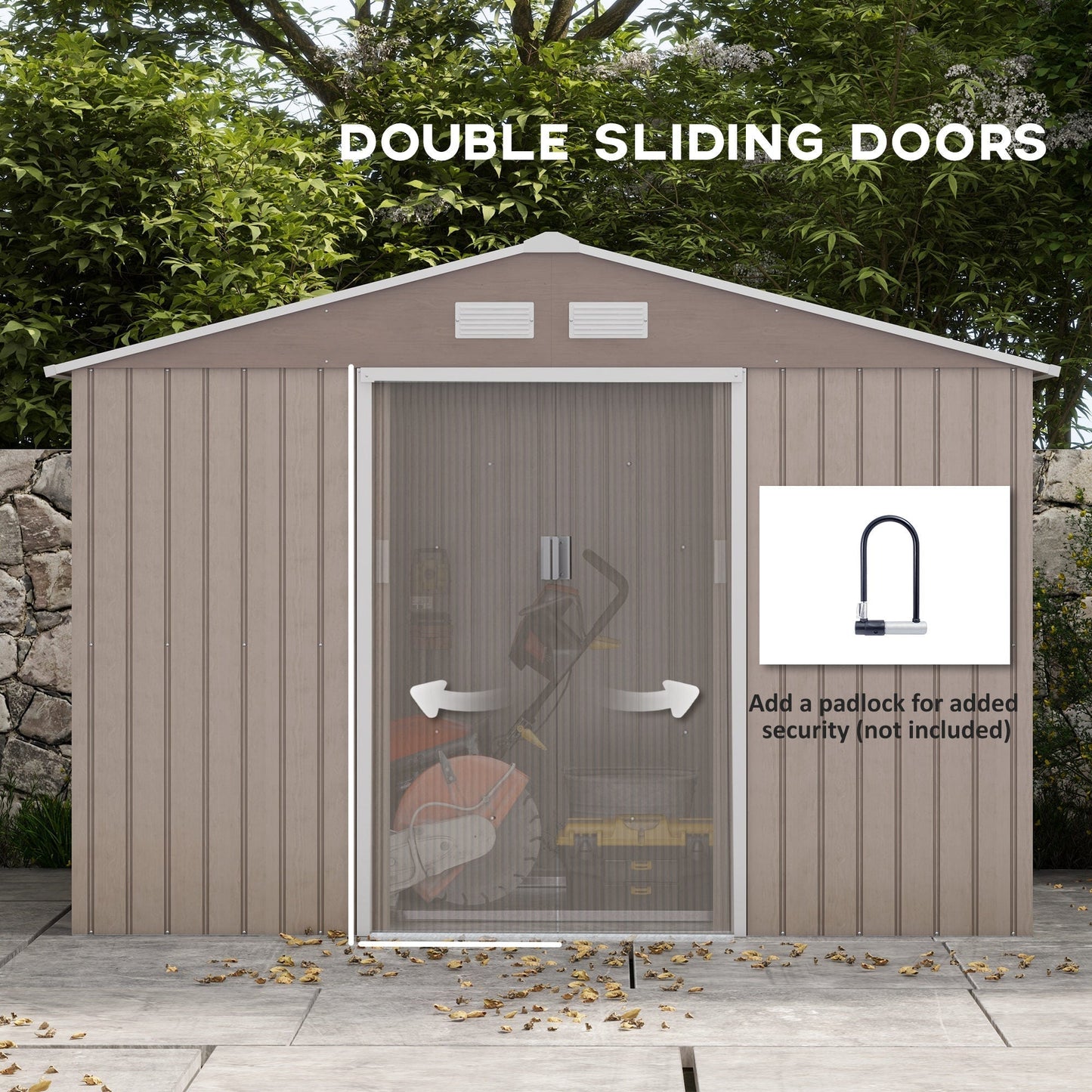 EverBase 9' x 6' Outdoor Storage Shed with Foundation Kit, Double Lockable Door & Air Vents, Light Brown