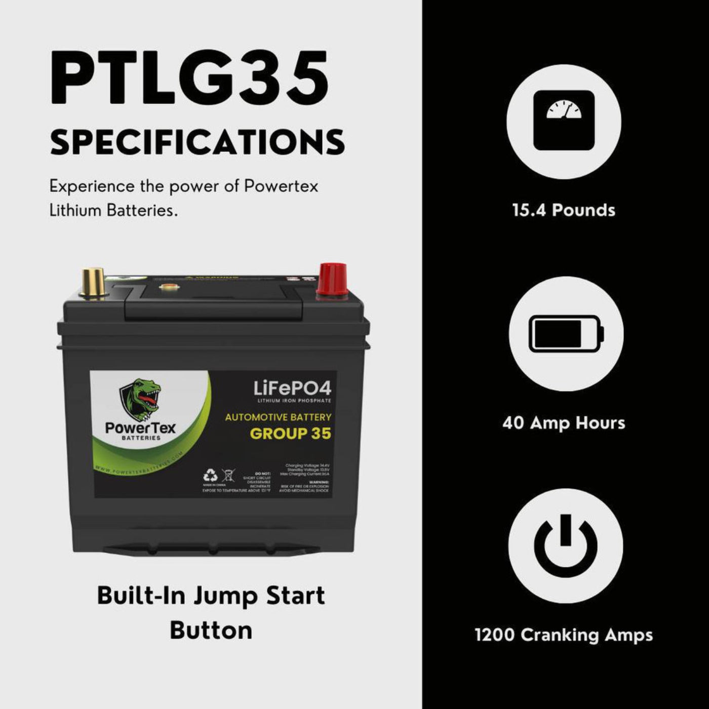 PowerTex 2022 Toyota Tundra V6 3.5L Replacement Car Battery BCI Group 35 Lithium LiFePO4 - PTLG35-038 Automotive Powertex Battery