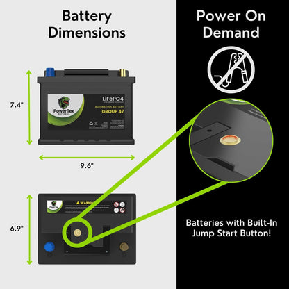PowerTex 2011 Mini Cooper Car Battery BCI Group 47 H5 Lithium LiFePO4 Replacement Automotive Battery - PTLG47-457