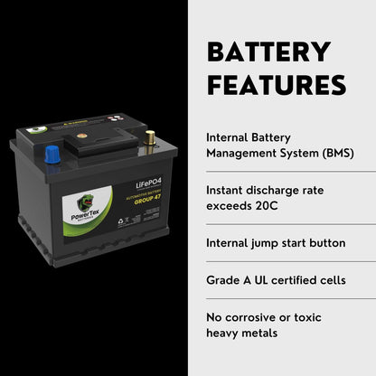 PowerTex 2017 Mercedes-Benz AMG GT S Car Battery BCI Group 47 H5 Lithium LiFePO4 Replacement Automotive Battery - PTLG47-422