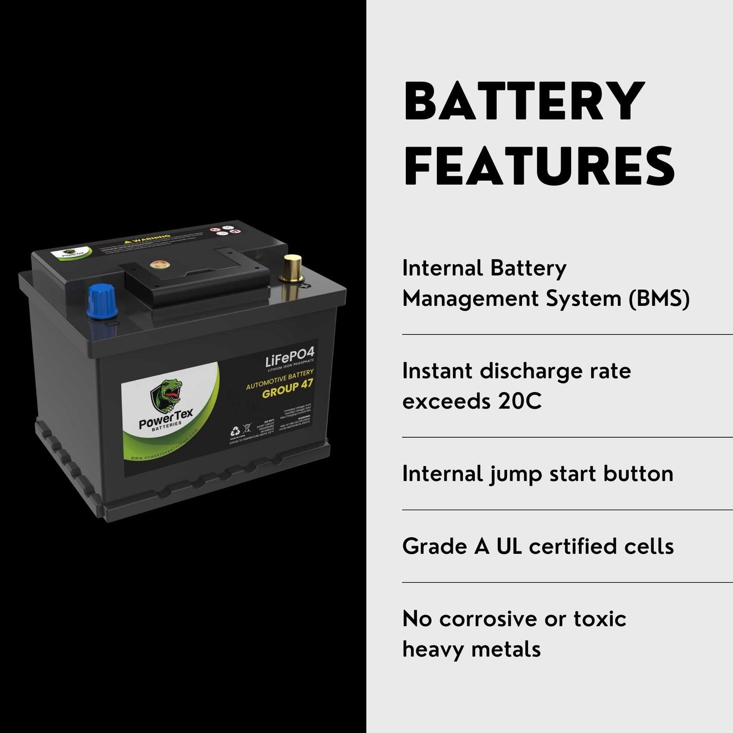 PowerTex 2012 Audi A5 Car Battery BCI Group 47 H5 Lithium LiFePO4 Replacement Automotive Battery - PTLG47-112
