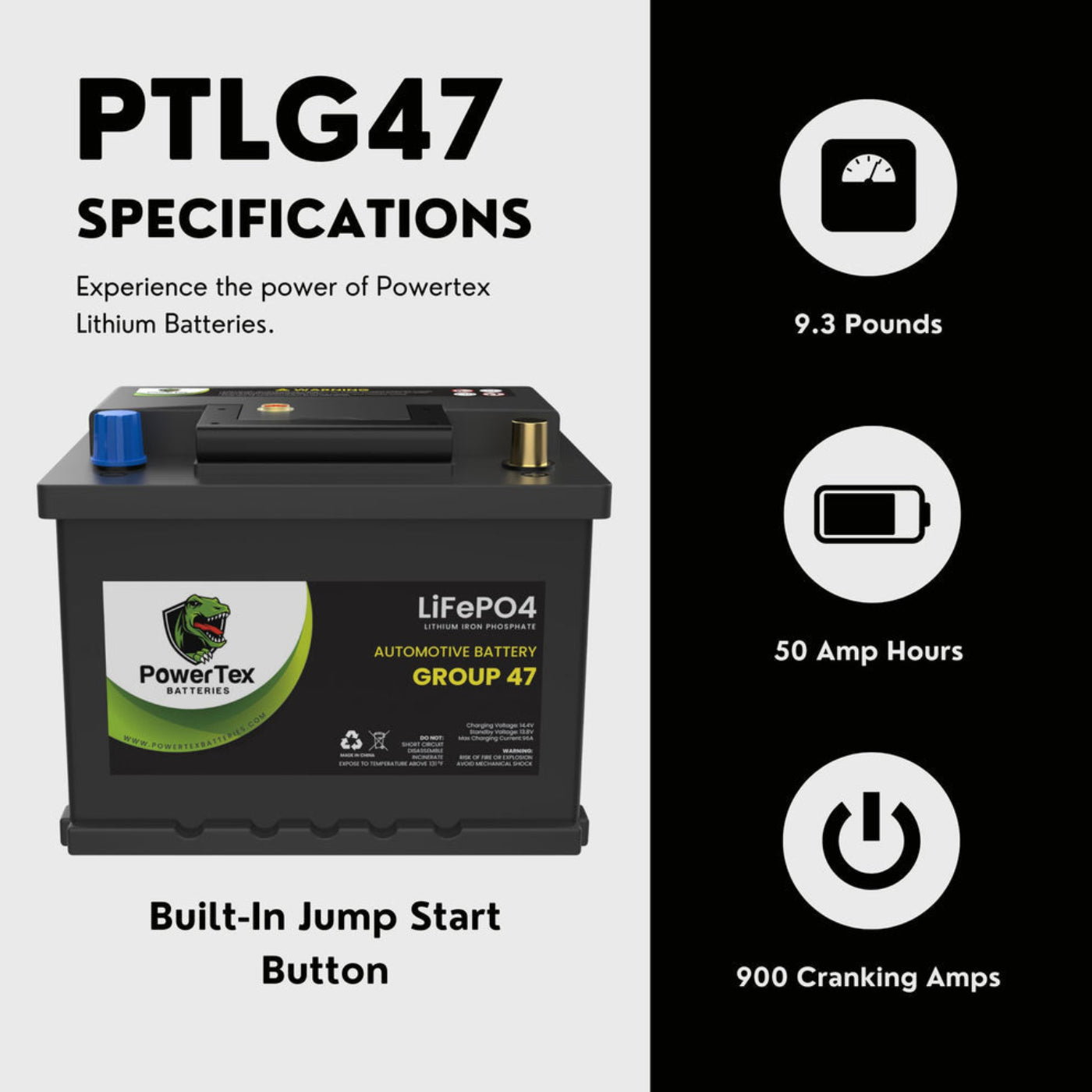 PowerTex 2024 Honda Civic L4 1.5LReplacement Car Battery BCI Group 47 Lithium LiFePO4 Automotive Powertex Battery - PTLG47-027