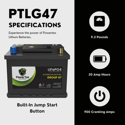 PowerTex2022 Volkswagen Jetta L4 2.0LReplacement Car Battery BCI Group 47 Lithium LiFePO4 Automotive Powertex Battery - PTLG47-096