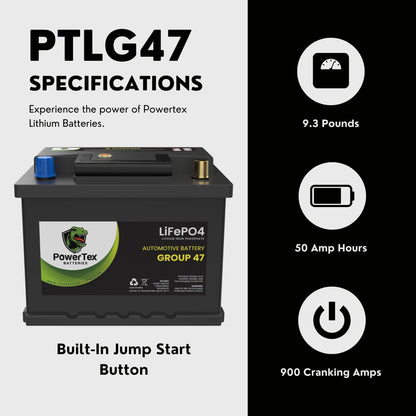 PowerTex 2012 Audi A5 Car Battery BCI Group 47 H5 Lithium LiFePO4 Replacement Automotive Battery - PTLG47-112