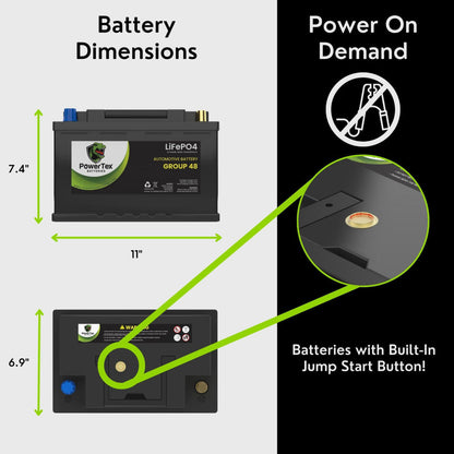 PowerTex 2022 GMC Yukon V8 5.3L Replacement Car Battery BCI Group 48 Lithium LiFePO4 Automotive Powertex Battery - PTLG48-0311