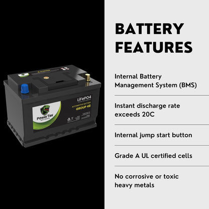 PowerTex 2020 Kia Stinger Car Battery BCI Group 48 / H6 Lithium LiFePO4 Replacement Automotive Battery - PTLG48-1100