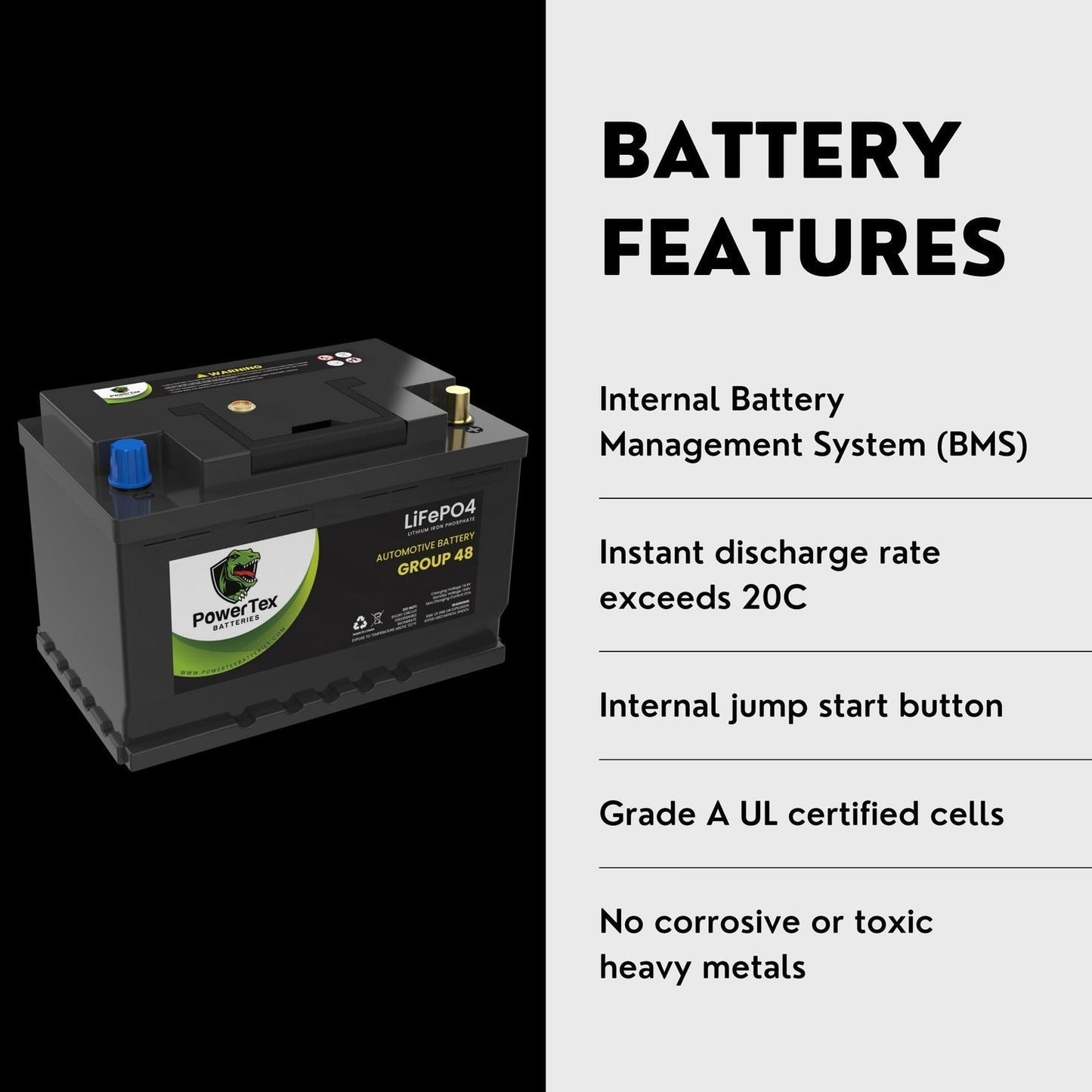 PowerTex 2008 Ferrari 360 V8 3.6L Replacement Car Battery BCI Group 48 Lithium LiFePO4 Automotive Powertex Battery - PTLG48-0479