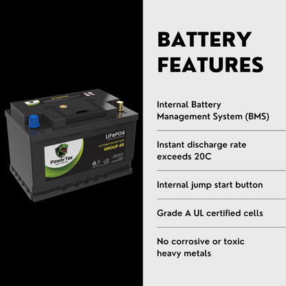 PowerTex 2023 Chevrolet Tahoe V8 5.3L Replacement Car Battery BCI Group 48 Lithium LiFePO4 Automotive Powertex Battery - PTLG48-0229