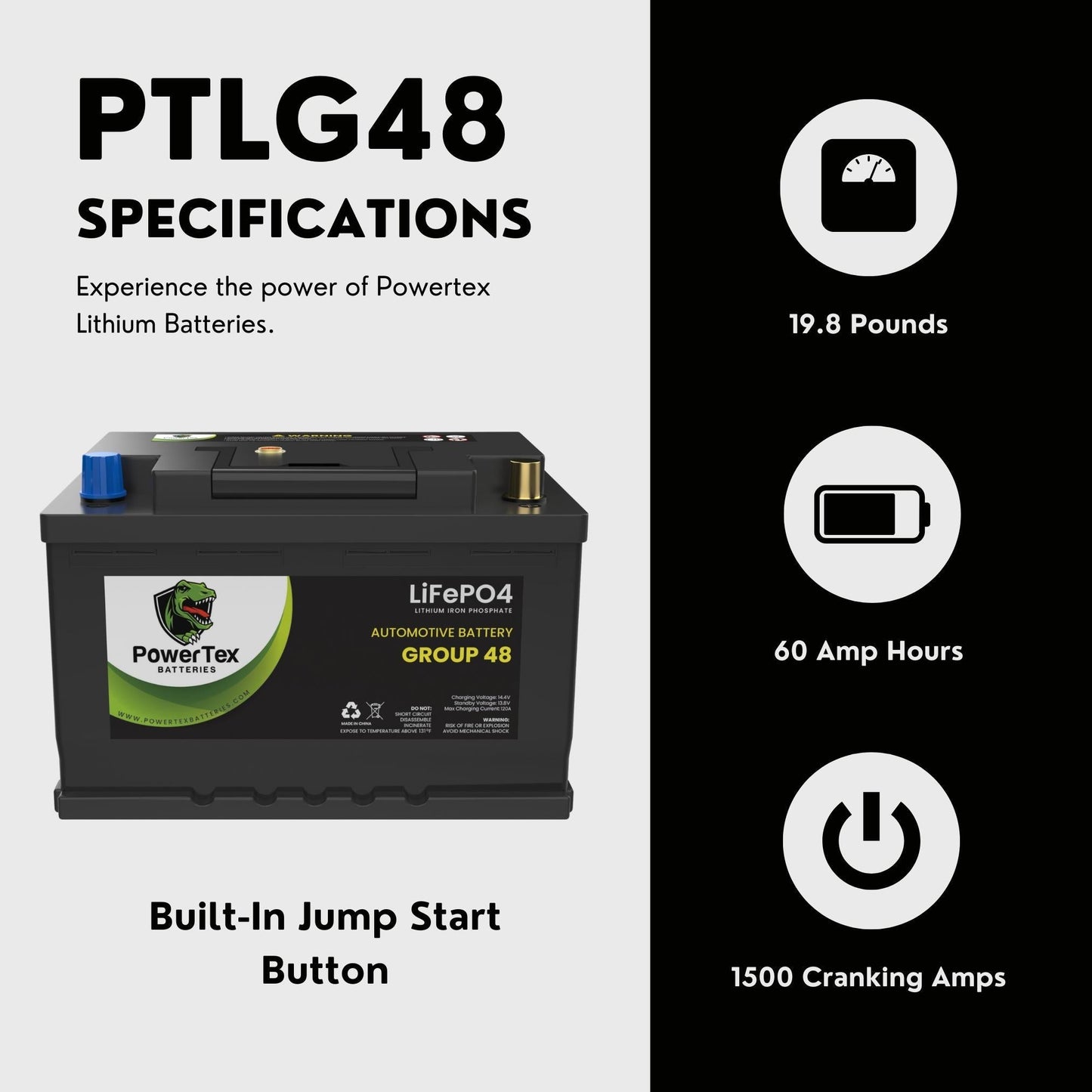 PowerTex 2013 Mercedes-Benz S65 AMG Car Battery BCI Group 48 / H6 Lithium LiFePO4 Replacement Automotive Battery - PTLG48-1390