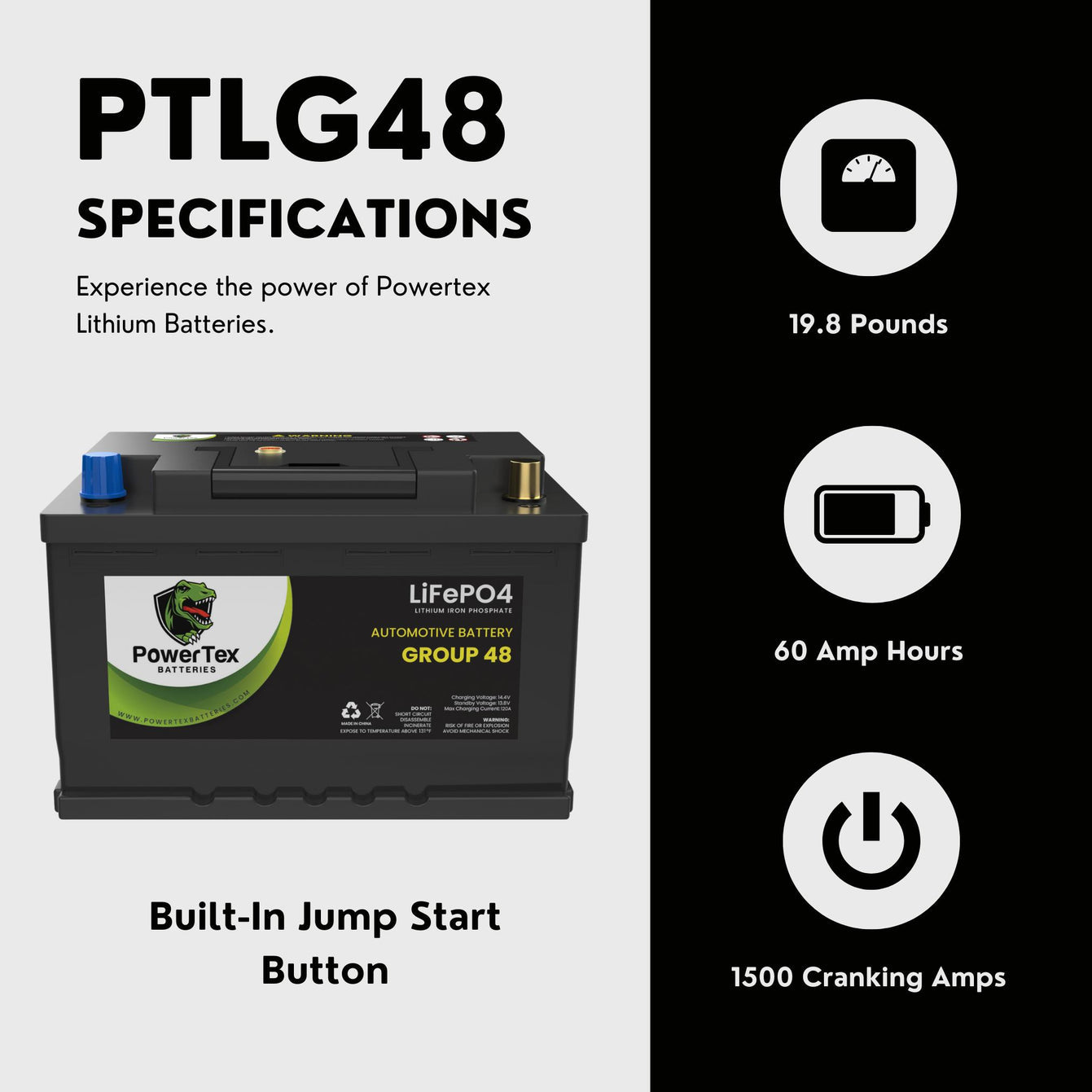 2022 Jeep Gladiator V6 3.6L Replacement Car Battery BCI Group 48 Lithium LiFePO4 Automotive Powertex Battery