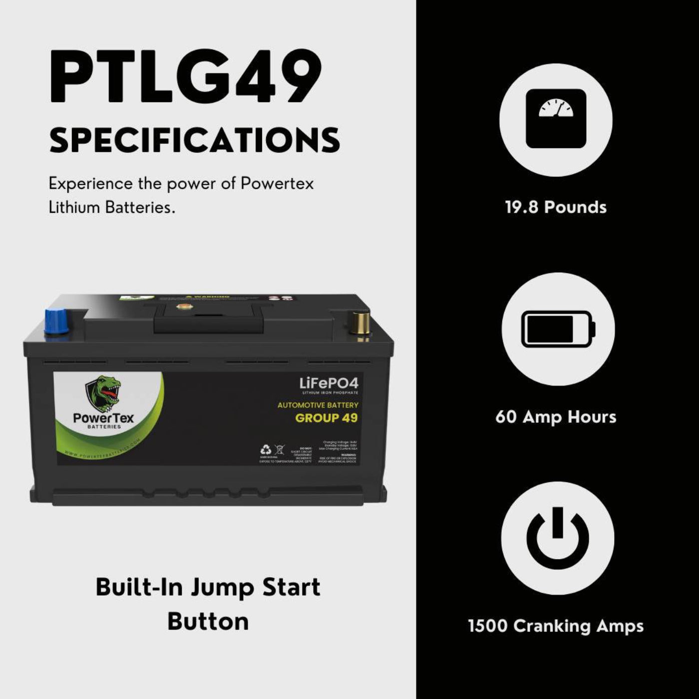 PowerTex 2024 Cadillac Escalade L6 3.0LReplacement Car Battery BCI Group 49 Lithium LiFePO4 Automotive Powertex Battery - PTLG49-0147
