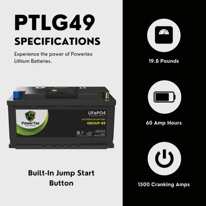 PowerTex 2013 Mercedes-Benz C63 AMG Car Battery BCI Group 49 / H8 Replacement Lithium LiFePO4 Automotive Battery - PTLG49-1338