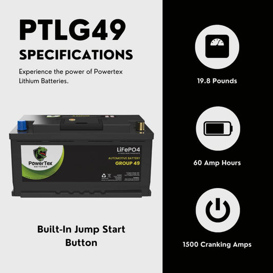 2022 Jeep Wagoneer V8 5.7LReplacement Car Battery BCI Group 49 Lithium LiFePO4 Automotive Powertex Battery - PTLG49-0111