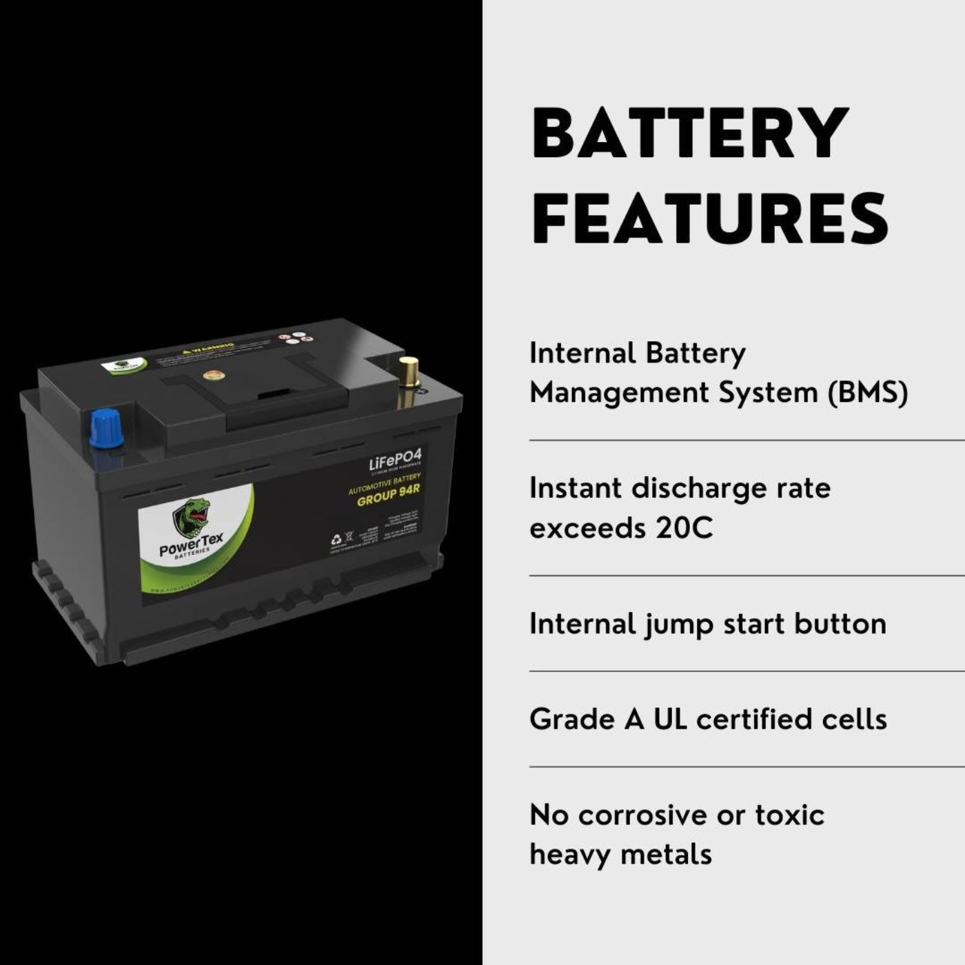 PowerTex 2009 Porsche Cayenne Car Battery BCI Group 94R / H7 Lithium LiFePO4 Automotive Battery - PTLG94R-1164