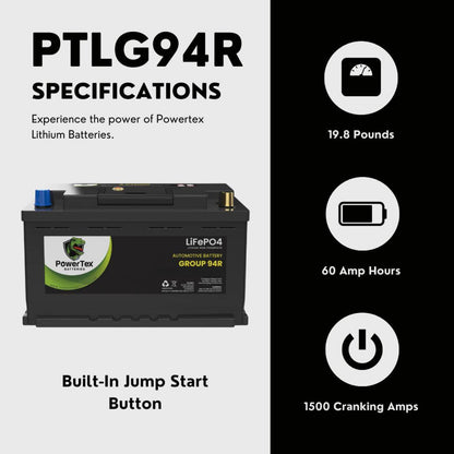 PowerTex 2009 Dodge Challenger Car Battery BCI Group 94R / H7 Lithium LiFePO4 Automotive Battery - PTLG94R-787