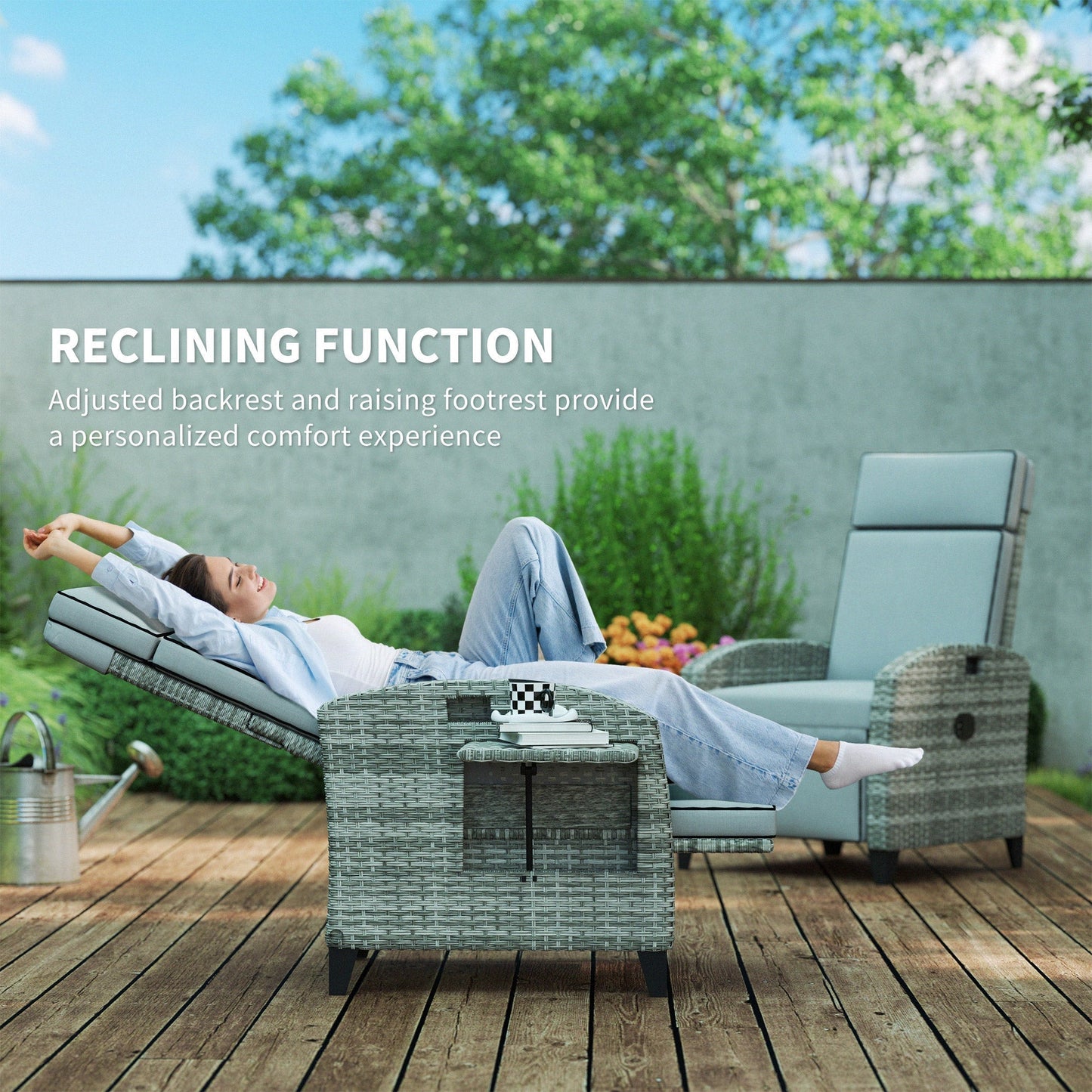 Outsunny Reclining Garden Chairs with Cushions, Adjustable Footrest, Side Tray Table, Gray - 867-189V01GY