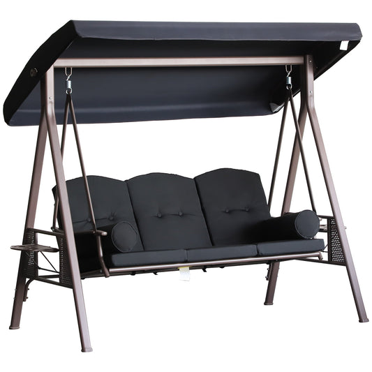 Outsunny 3-Seat Patio Swing Chair with Adjustable Canopy, Removable Cushion, Pillows & Trays, Black - 84A-068BK