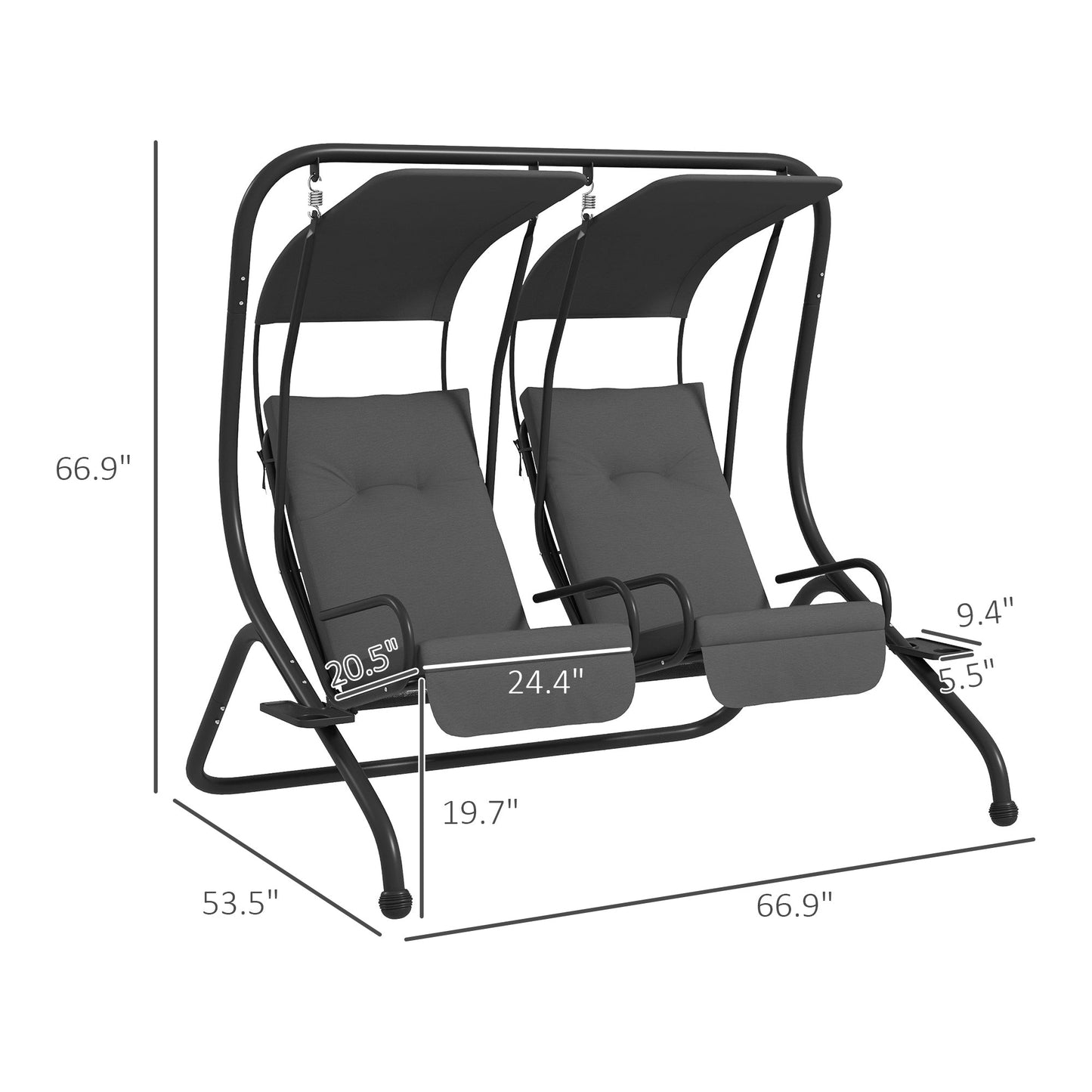 Outsunny 2-Seater Outdoor Swing Chair with Canopy for Porch, Patio, Backyard - Gray - 84A-052V03GY