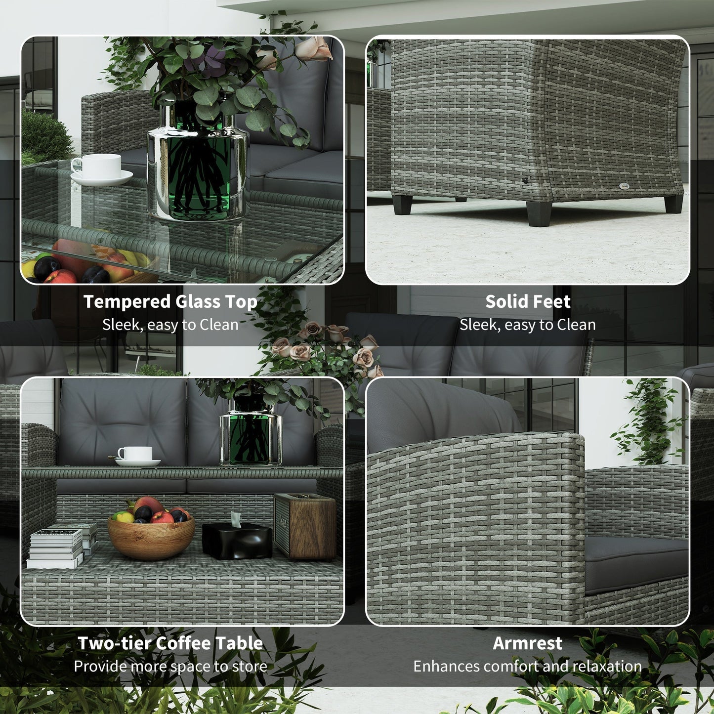 Outsunny 4-Piece PE Wicker Patio Set with Two-tier Coffee Table & Cushions, Charcoal - 860-117V01TN