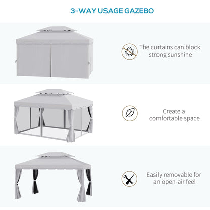 Outsunny 10' x 13' Patio Gazebo with Aluminum Frame, Double Roof, Netting & Light Gray Curtains - 84C-101