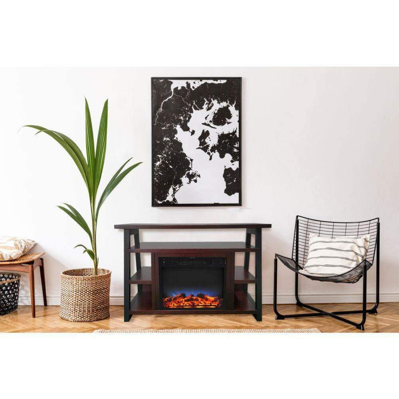 Cambridge 32-In. Sawyer Industrial Electric Fireplace Mantel with Realistic Log Display and LED Color Changing Flames, Mahogany, - CAM5332-1MAHLED