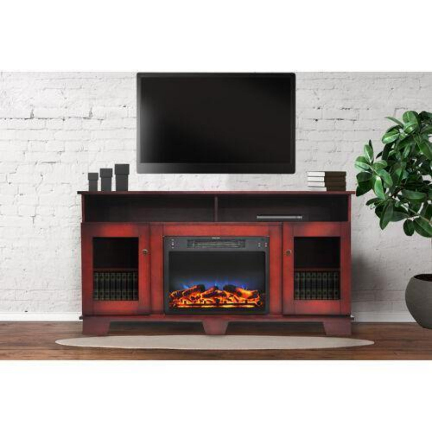 Cambridge Savona 59 In. Electric Fireplace in Cherry with Entertainment Stand and Enhanced Log Display - CAM6022-1CHRLG2