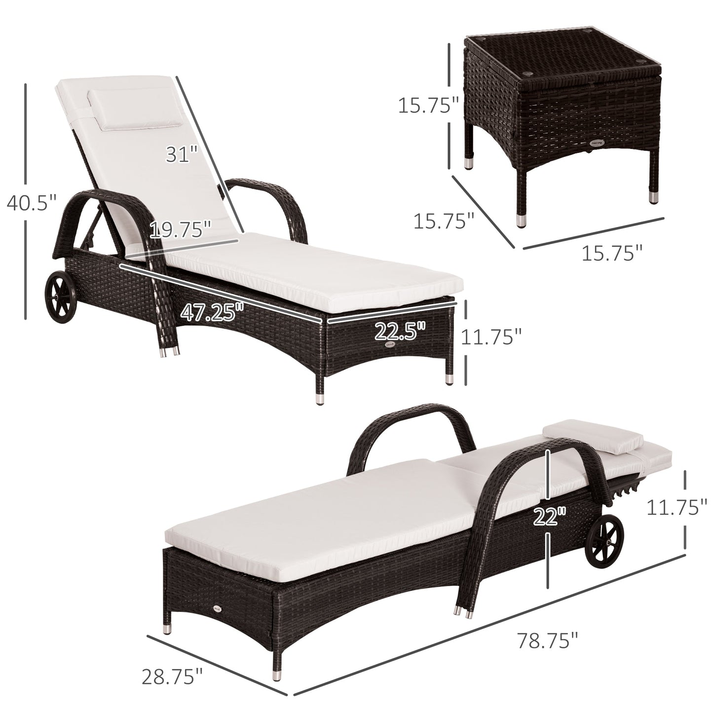 Outsunny 3-Piece Patio Chaise Lounge Chair with Table, 5-Level Adjustable Backrest & Wheels, Brown - 862-011BN