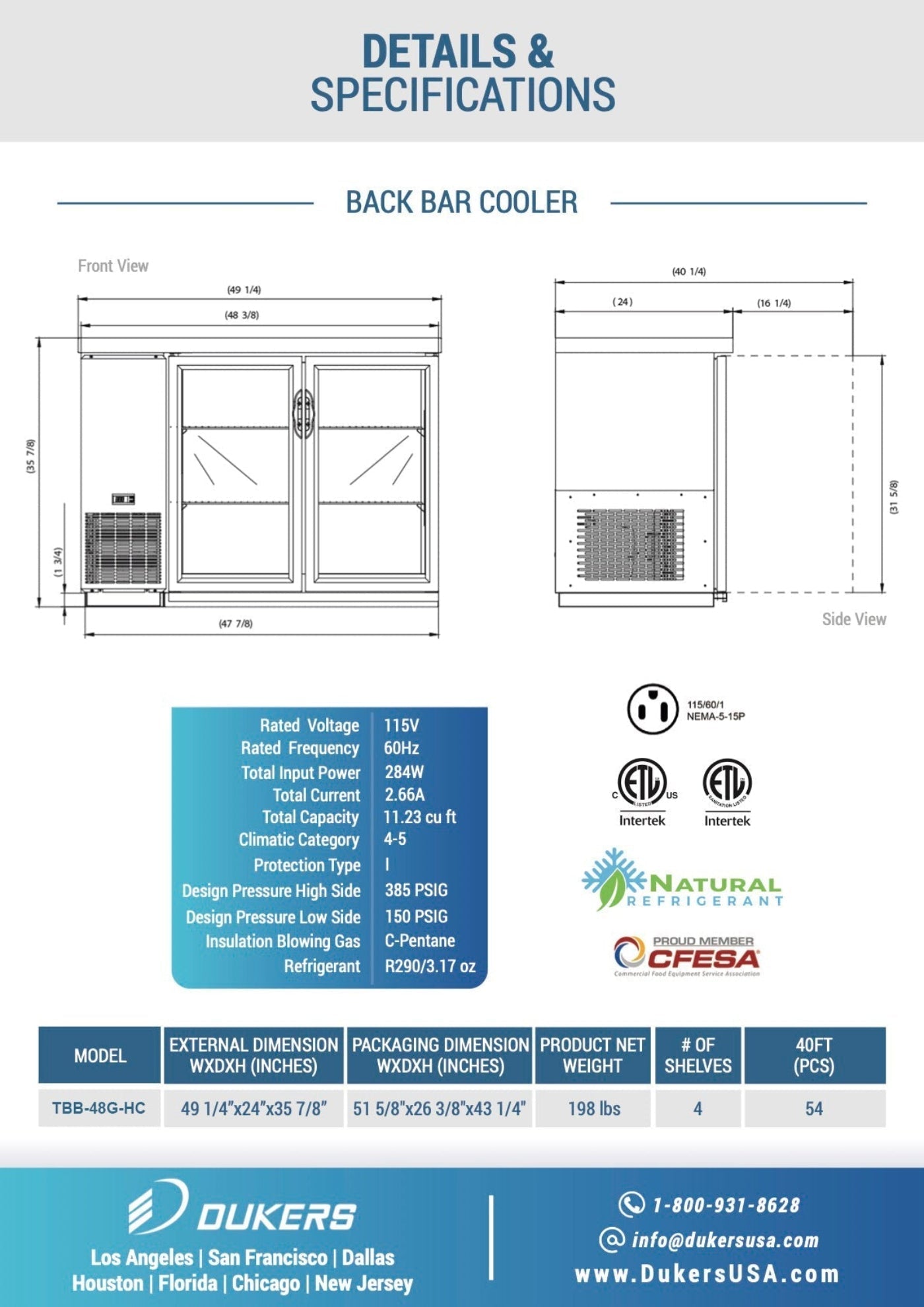 Chef AAA - TBB-48G-HC, Commercial 49" Glass Door Back Bar Refrigerator 11.2 cu.ft. - TBB-48G-HC