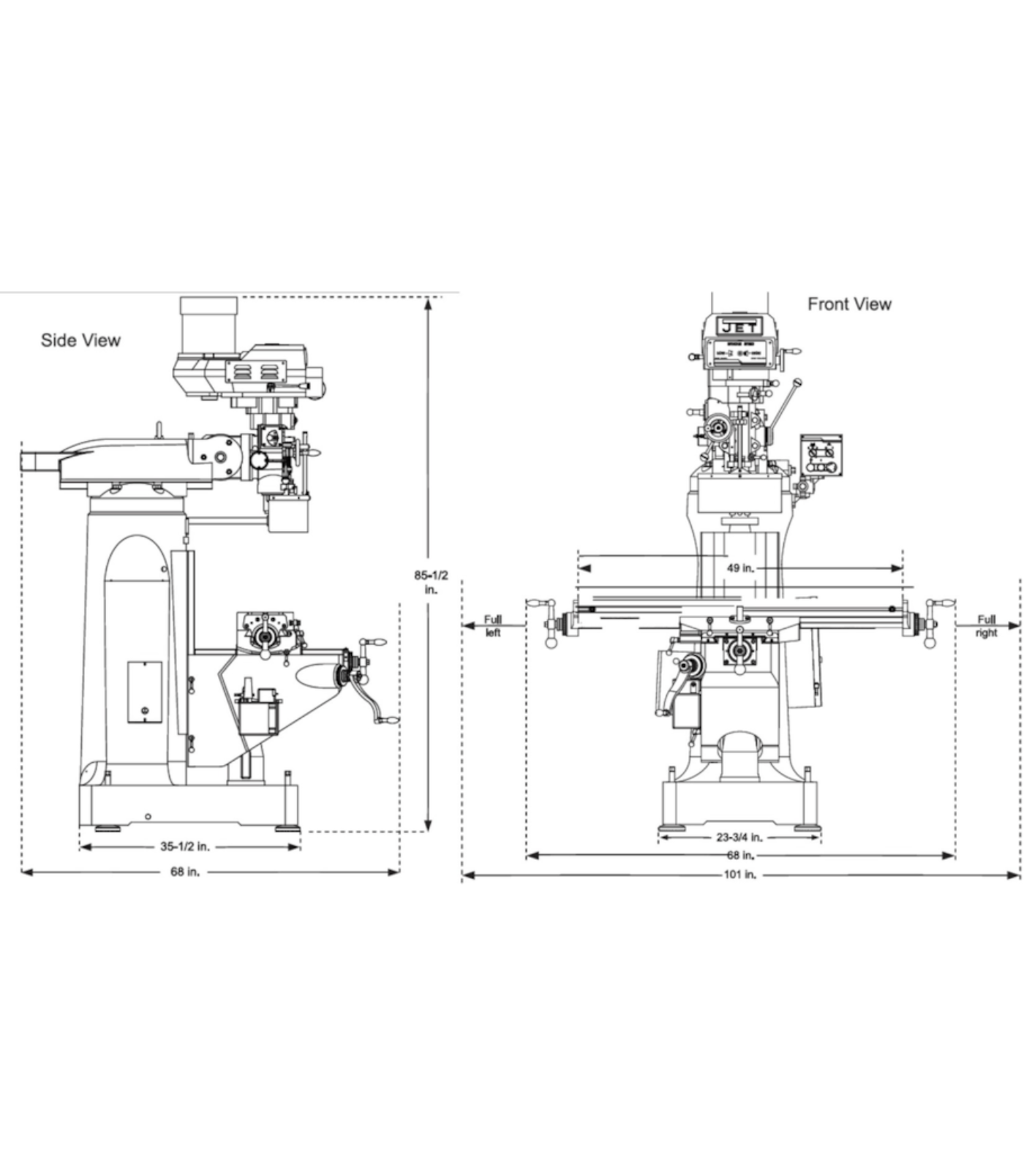 JET Elite ETM-949 Mill with 2-Axis ACU-RITE 303 DRO and X, Y-Axis JET Powerfeeds - JT9-894133