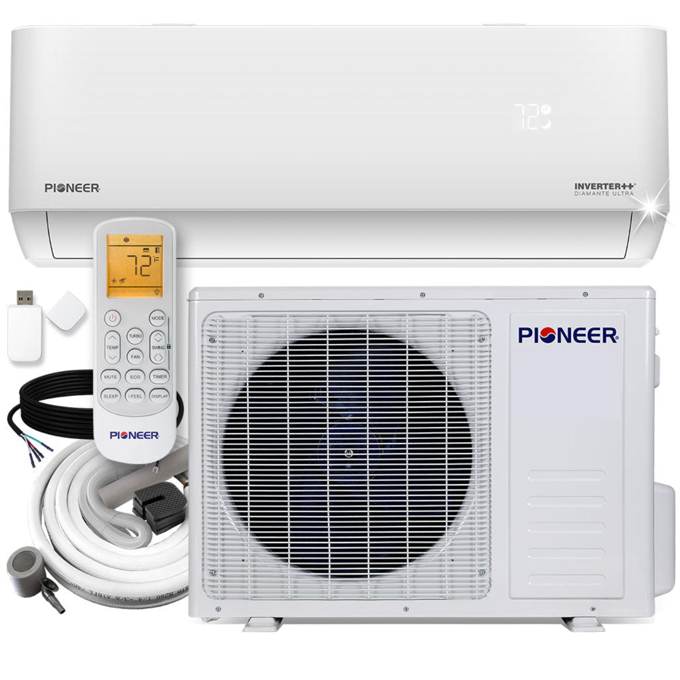 Pioneer Diamante Ultra 12,000 BTU 22 SEER2 Ductless Mini-Split Inverter++ Energy-Star Wi-Fi Air Conditioner Heat Pump Full Set 115V with 16 Ft. Kit - WYT012ALFI22RL