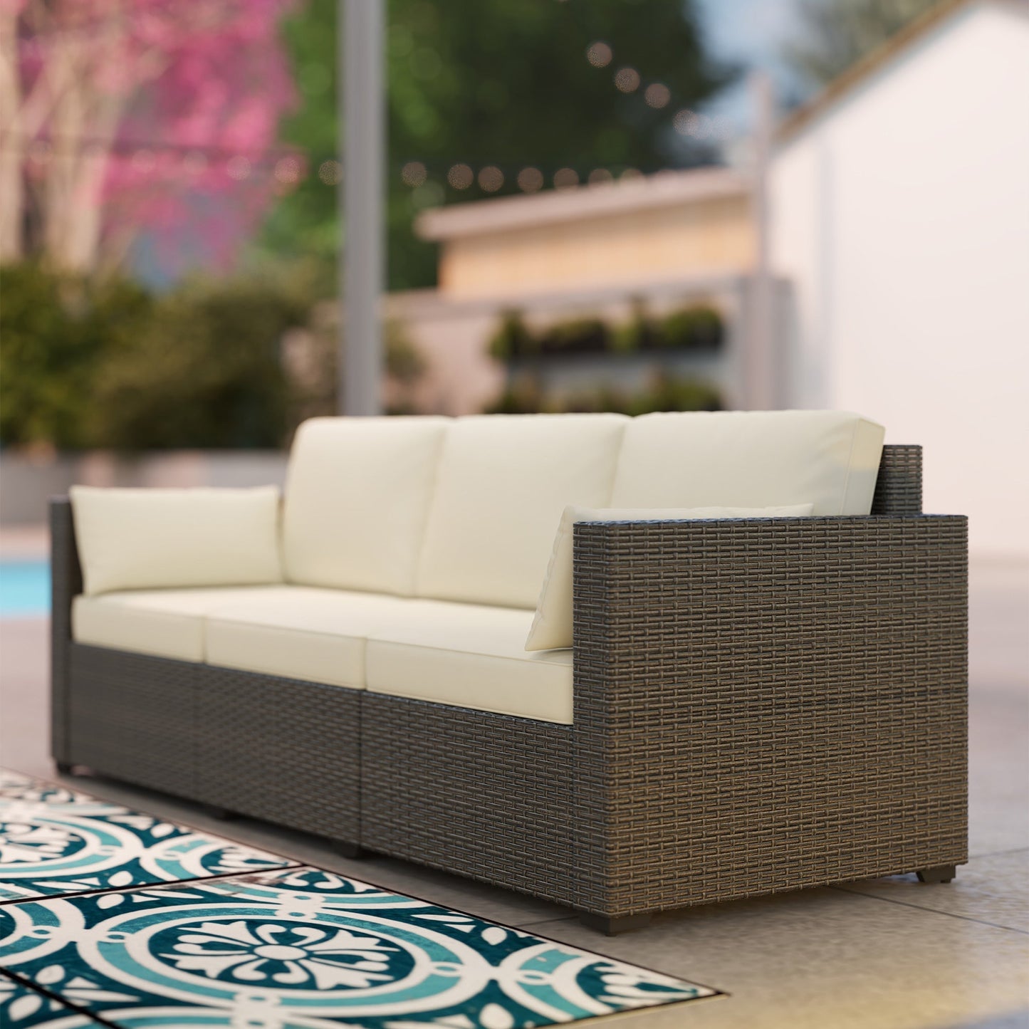 Outsunny 3-Seater PE Wicker Deep Seating Outdoor Sofa with Removable Cushions Cream White - 860-308V00CW